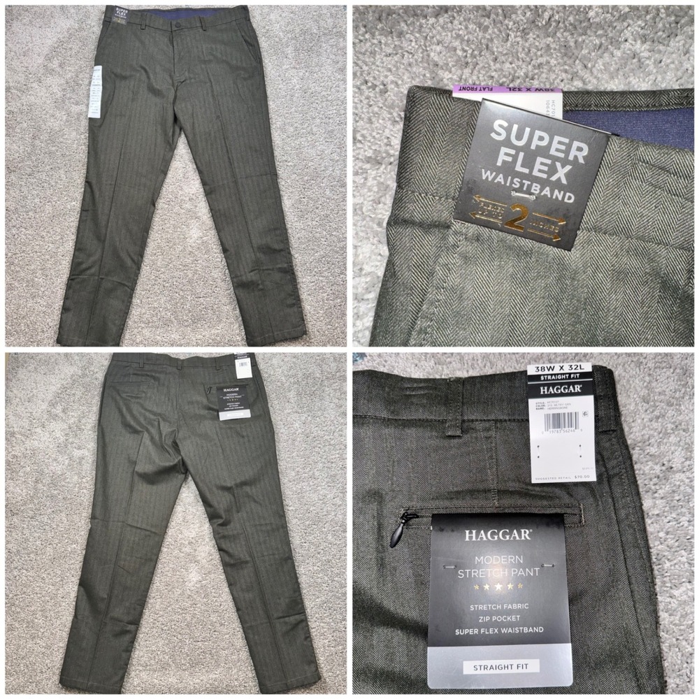Haggar Modern Stretch Pant Mens Herringbone Straight Fit Green 38x32 NEW